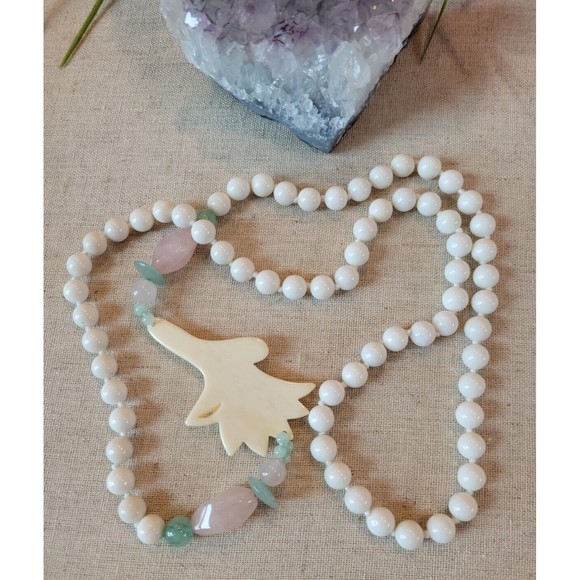 Vintage Rose Quartz Green White Jade Carved Flower Blossom Knotted Necklace Lei - Picture 5 of 5
